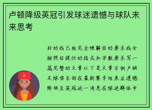 卢顿降级英冠引发球迷遗憾与球队未来思考 卢顿降级英冠引发球迷遗憾与球队未来思考